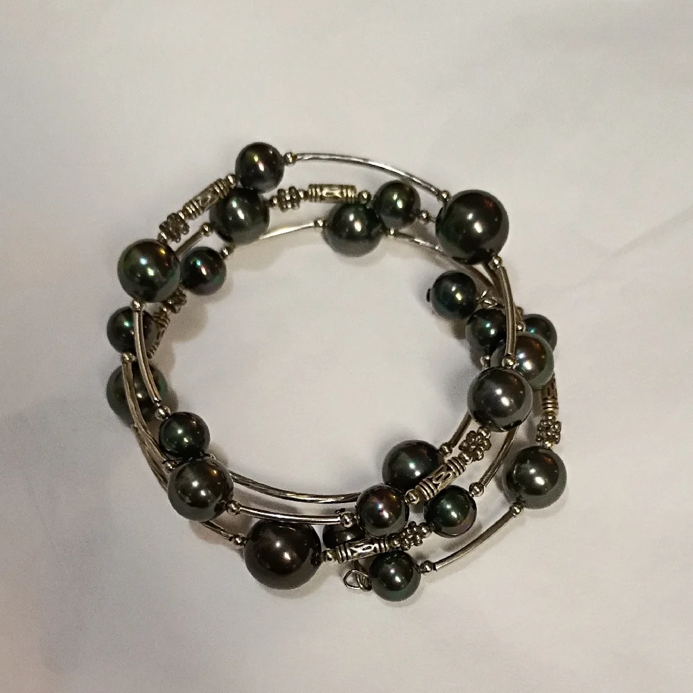 Sophisticated Dark Pearl Wrap Bracelet Silver Y2k 90s